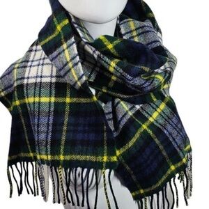 SCOTTISH EXPERIENCE LAMBSWOOL Highland Tartan Clan Plaid Scarf Fringe Blue White
